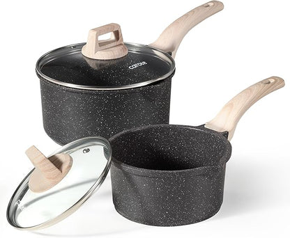 CAROTE 1.5Qt & 3.0Qt Sauce Pan Sets with Lid Cooking Pots Nonstick Saucepans Cookware Set with Pour Spout Small Kitchen Pot, Induction Comptable, Easy to Clean, PFOA FREE (Classic Granite)