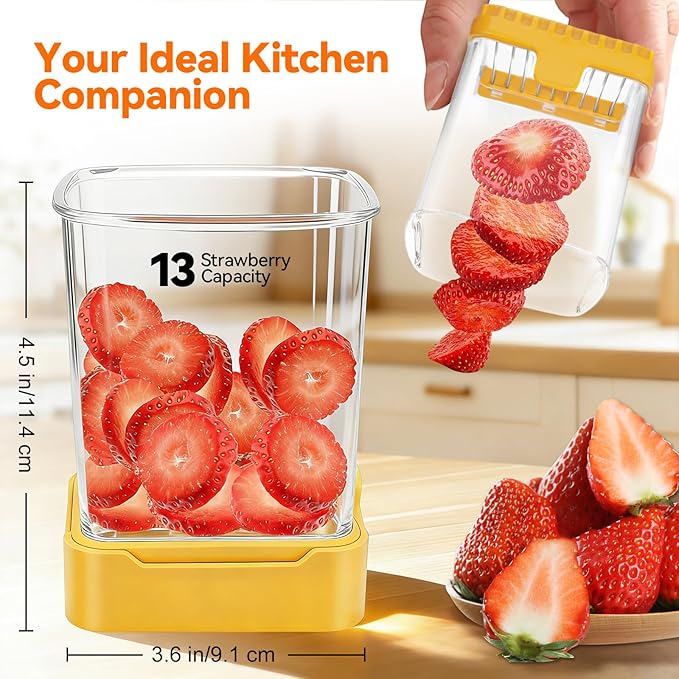 Fruit Slicer Cup for Strawberry, Banana, Hard-Boiled Egg - Detachable Cutter with Push Plate - Rapid & Safe Slicing Kitchen Gadget for Quick Meal Prep (Yellow)