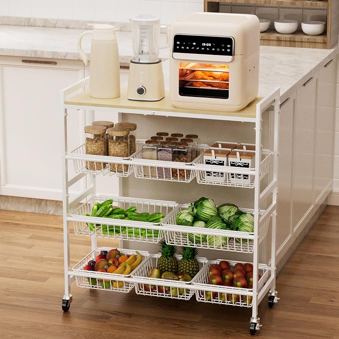 Cinati 4-Tier Utility Kitchen Cart with Wood Top, 29" W Kitchen Storage Cart with 8 Baskets & Handle, Metal Snack Cart with Wheels, Adjustable Pantry Organizer and Storage Cart for Fruit, Vegetables