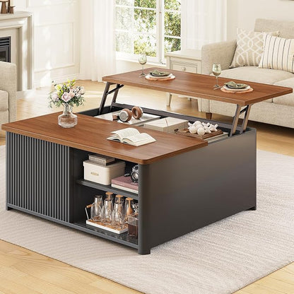SEDETA 31.5" Lift Top Coffee Table with Storage, Square Coffee Tables for Living Room, Fluted Coffee Table with Large Hidden Storage Compartment and Adjustable Shelves, Fluted Black