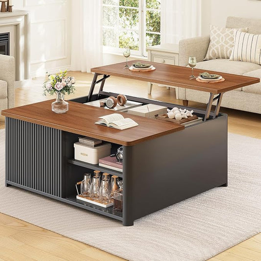 SEDETA 31.5" Lift Top Coffee Table with Storage, Square Coffee Tables for Living Room, Fluted Coffee Table with Large Hidden Storage Compartment and Adjustable Shelves, Fluted Black