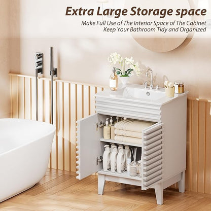 APRILSOUL 24" Bathroom Vanity with Ceramic Sink, Mid-Century Bathroom Vanity Cabinet with 2 Soft Closing Doors, Freestanding Bathroom Cabinet, Particleboard Frame with Wood Grain Laminate, White