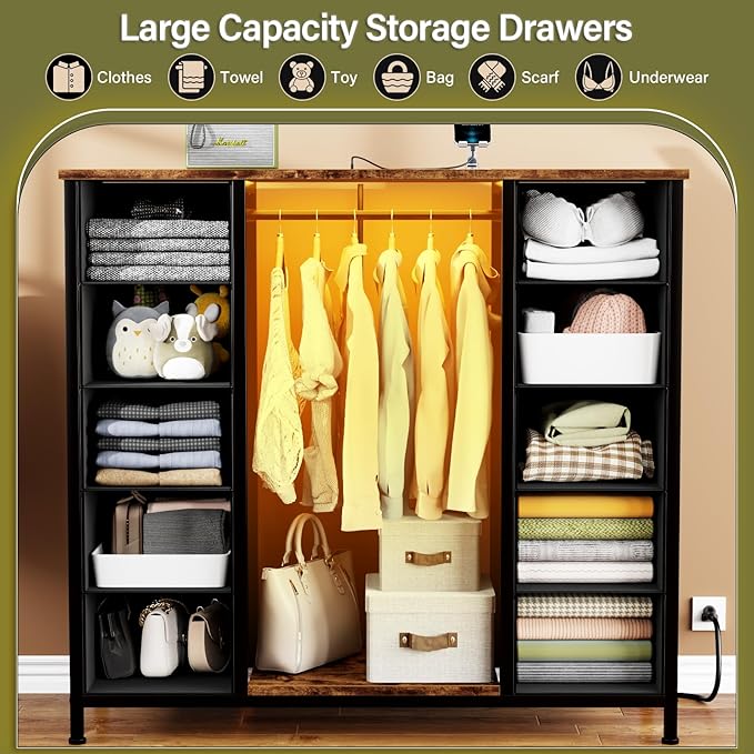 Dresser for Bedroom with Hanging Rack, 10 Drawers TV Stand with Charging Station LED Lights, Pattern Fabric Storage Organizer Cabinets for Living Room, Entryway, Nursery