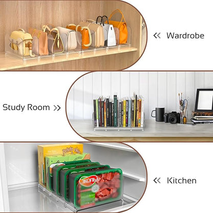 2-Pack Purse Organizers for Closet, Adjustable Small Shelf Divider Rack for Closet, Clear Handbag Storage Organizer, Plastic Bookshelf Separator Divider for Bedroom Living Room Office