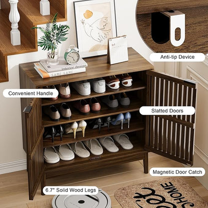Shoe Cabinet with Slatted Doors, 4-Tier Freestanding Shoe Cabinet Storage for Entryway, Narrow Entryway Shoe Organizer Cabinets with Shelves (Walnut, 31.5" Wide)
