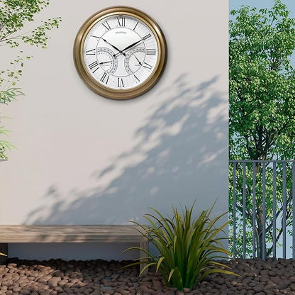 24 Inch in/Outdoor Wall Clock with Temperature and Humidity Combo, Large Outdoor Clock for Patio Large Waterproof with Thermometer,Antique Hamilton Gold Metal
