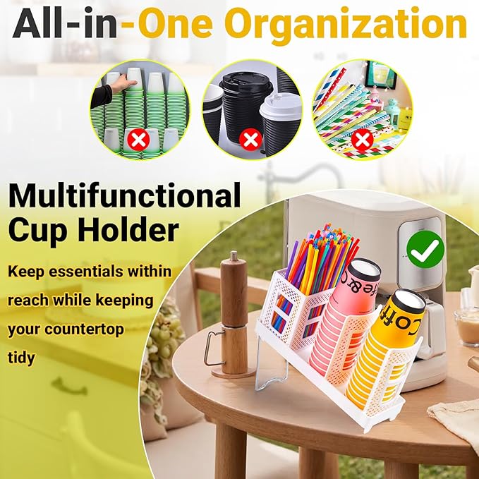 Cup and Lid Holder, Disposable Paper Cup Dispenser with Coffee Pod Straw Storage Basket, Countertop Coffee Cup Holder for Coffee Stations, Bars, Break Rooms, Living Rooms, Parties (White)