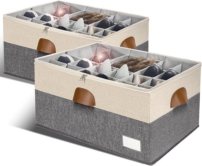 Shoe Organizer for Closet, Foldable Shoe Storage Bins with Clear Cover, Space Saving Shoes Holder with 4 Handles, Large Adjustable Shoe Box Storage Containers, Fits 12-24 Pairs, 2 Pack, Beige