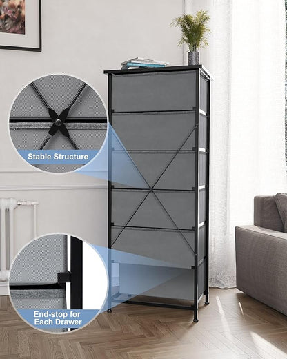 Crestlive Products Vertical Dresser Storage Tower - Sturdy Steel Frame, Wood Top, Easy Pull Fabric Bins, Handles Organizer Unit for Bedroom, Hallway, Entryway, Closets 6 Drawers (Gray)