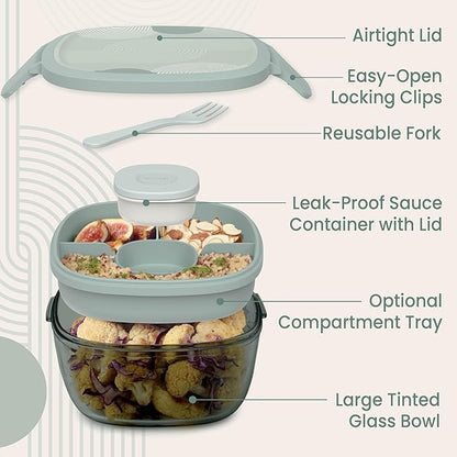 Bentgo Glass Prints Salad Container - 7.6-Cup Tinted Glass Salad Bowl with Airtight Lid, Leak-Proof Sauce Container, 4-Compartment Bento Meal Prep Tray & Reusable Fork (Mod Curve - Serene Green)