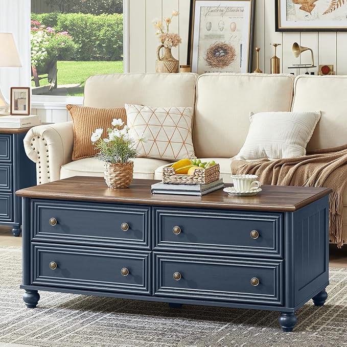 48" Farmhouse Coffee Table with Hidden Storage,Wooden Coffee Tables with 4 Drawers & Roman Column Handle,Rectangular Rustic Center Table with Solid Wood Curved Legs for Living Room,Office,Blue