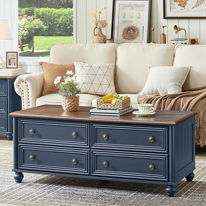 48" Farmhouse Coffee Table with Hidden Storage,Wooden Coffee Tables with 4 Drawers & Roman Column Handle,Rectangular Rustic Center Table with Solid Wood Curved Legs for Living Room,Office,Blue