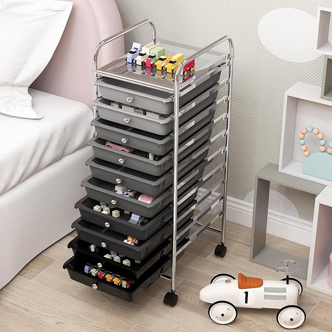 OFFICEJOY Storage Cart, Rolling Utility Cart with 10 Drawers, Portable Handles & Lockable Wheels, Mobile Paper Toys Storage Organizer Large Capacity for Home Office School Teacher (Gradient Black)