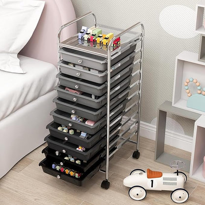 OFFICEJOY Storage Cart, Rolling Utility Cart with 10 Drawers, Portable Handles & Lockable Wheels, Mobile Paper Toys Storage Organizer Large Capacity for Home Office School Teacher (Gradient Black)