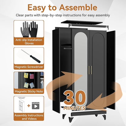 Polup Metal Armoire Wardrobe Closet with Mirror, 71" Tall Steel Clothing Storage Cabinet with Doors, Hanging Rod and Adjustable Shelves, Freestanding Clothes Organizer for Bedroom, Office, Black
