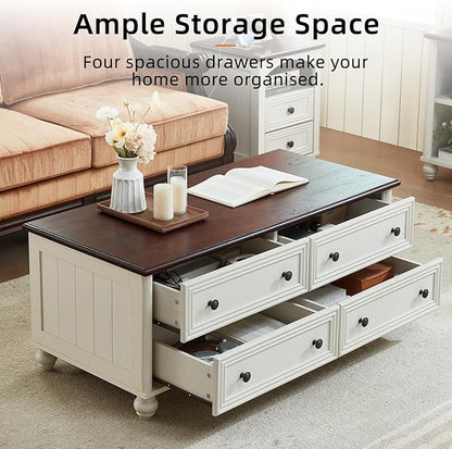 48" Farmhouse Coffee Table with Hidden Storage,Wooden Coffee Tables with 4 Drawers & Roman Column Handle,Rectangular Rustic Center Table with Solid Wood Curved Base for Living Room,Office,White