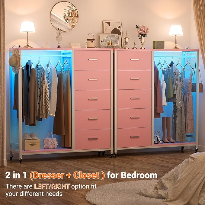 Cyclysio Dresser with Hanging Rack, 5 Fabric Drawers Dresser with Clothes Rack, Wooden Top Storage Chest of Drawers with Charging Station & LED Lights, Lockable Wheels, Closet