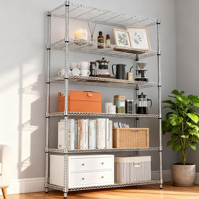 M MZG 2100LBS 47.2" W 6 Tiers Shelf Storage Shelves Metal Shelving Unit Heavy Duty Garage Shelving Adjustable Wire Shelves for Pantry,Kitchen,Garage,Basement,Chrome 17.7" D x 47.2" W x 82.4" H