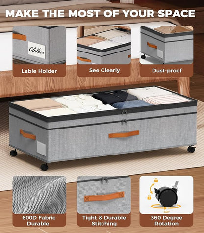 Under Bed Storage with Wheels, 35.5 inches Underbed Storage Large Capacity Under Bed Rolling Containers, 2 Pack Under the Bed Storage for Clothes, Shoes, Blankets (Deep Gray)