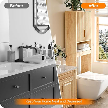 VINGLI Over The Toilet Storage Cabinet with Fluted Doors, Mid Century Modern Bathroom Organizer Over Toilet, Freestanding Wooden Space Saver Stand with Adjustable Shelves, Natural Oak