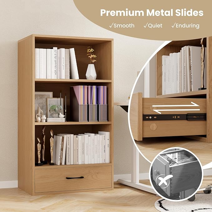 Tangkula 3 Tier Bookcase with Drawer, 42.5”Tall Freestanding Bookshelf with 3 Open Shelves & 1 Drawer, Anti-toppling Devices, Modern Display Storage Organizer for Home Office (Natural, 42.5" H)