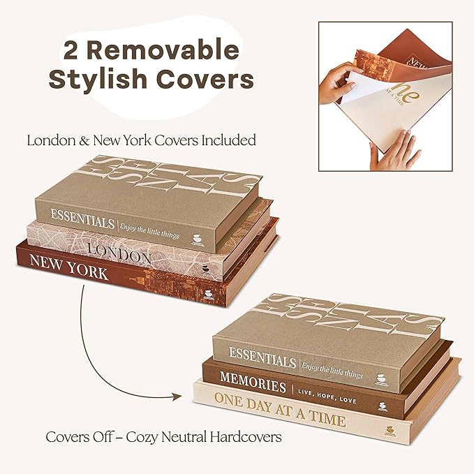 JULZEN Linen Decorative Books for Home Decor - Aesthetic Set of 3 Beige Fake Books for Coffee Table Decor with Faux Book Box Storage, Wood Knot & Bead Garland - Neutral Living Room Decoration