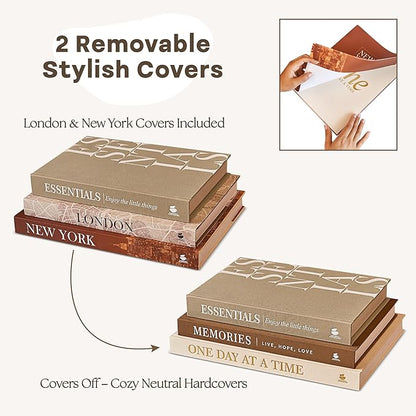 JULZEN Linen Decorative Books for Home Decor - Aesthetic Set of 3 Beige Fake Books for Coffee Table Decor with Faux Book Box Storage, Wood Knot & Bead Garland - Neutral Living Room Decoration
