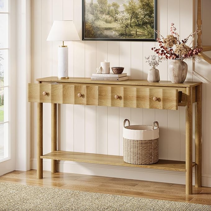 Tribesigns Console Table with 2 Drawers, 55-Inch Fluted Entryway Table, Modern Narrow Sofa Table with Open Shelf, Accent Console Furniture for Living Room, Hallway, Foyer, Light Oak