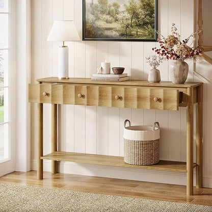 Tribesigns Console Table with 2 Drawers, 55-Inch Fluted Entryway Table, Modern Narrow Sofa Table with Open Shelf, Accent Console Furniture for Living Room, Hallway, Foyer, Light Oak