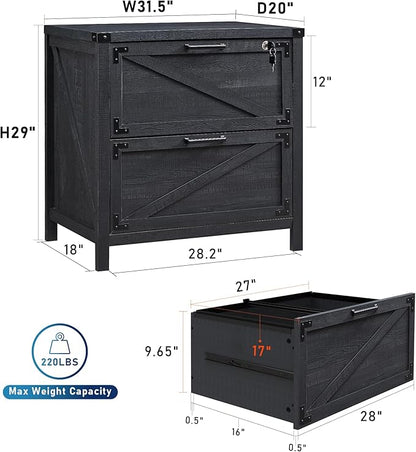 JXQTLINGMU 2 Drawer Nightstand, 31" Wood Lateral Filing Cabinet with Lock for Home Office, Compatible Legal Letter/A4/F4,Sturdy and Solid Storage Furniture,Black