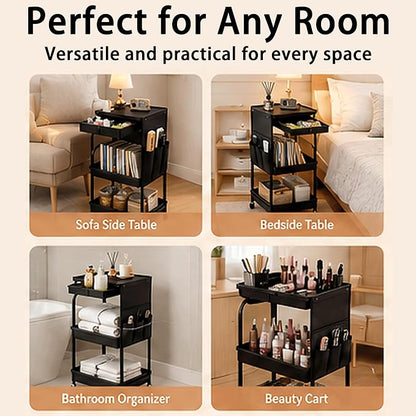 BLULEE 3-Tier Rolling Storage Cart with Pull-Out Drawer & Side Organizer | Heavy-Duty Carbon Steel Utility Cart with Lockable Wheels, Mobile Organizer Rack for Bathroom, Makeup, Nursery & Kitchen