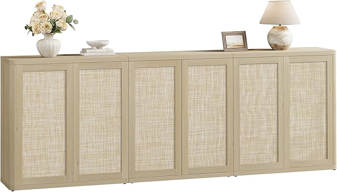 SICOTAS Rattan Buffet Sideboard - 95" Boho Farmhouse Coffee Bar Console Cabinet, Modular Credenza Stand with Storage & Adjustable Shelves for Living Room, Kitchen, Entryway, 3 PCS