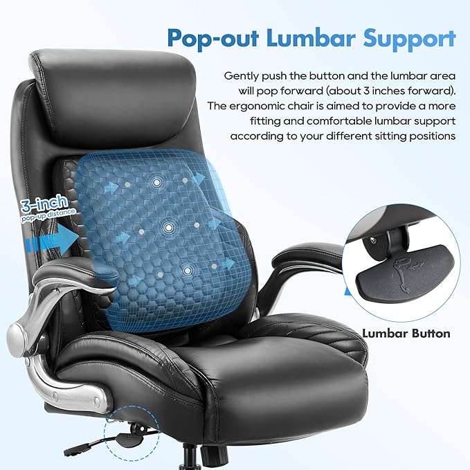 COLAMY Office Chair Ergonomic Desk High Back Executive Chair with Pop-Out Lumbar Support, Upgraded Casters, Adjustable Headrest, Flip-Up Arms, Leather Home with Thick Cushion for Comfort - Black