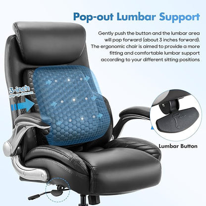 COLAMY Office Chair Ergonomic Desk High Back Executive Chair with Pop-Out Lumbar Support, Upgraded Casters, Adjustable Headrest, Flip-Up Arms, Leather Home with Thick Cushion for Comfort - Black