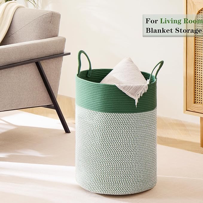80L Extra Large Green Laundry Hamper Basket, Tall Woven Hamper for Bedroom, Cotton Rope Laundry Basket for Clothes, 16x22 Inches
