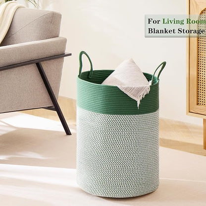80L Extra Large Green Laundry Hamper Basket, Tall Woven Hamper for Bedroom, Cotton Rope Laundry Basket for Clothes, 16x22 Inches