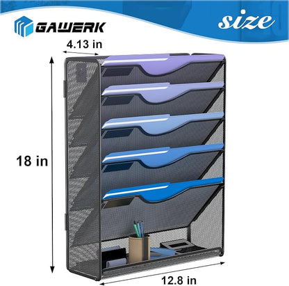 Gawerk 6 Tier Hanging File Organizer, Mesh Wall File Holder Paper Folder Rack with Bottom Flat Tray for Office Home, Black