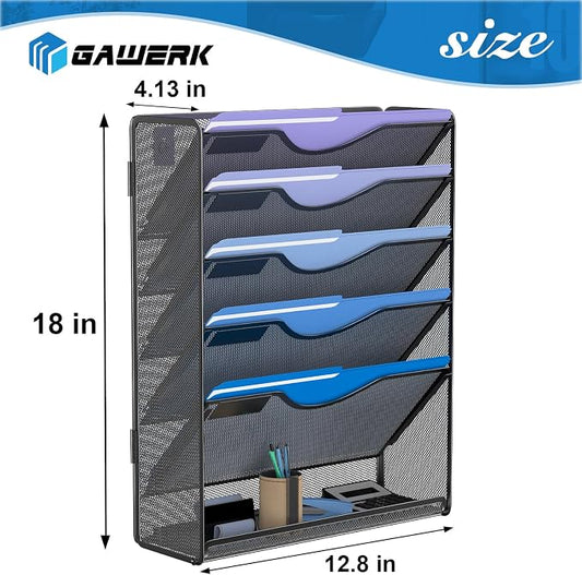Gawerk 6 Tier Hanging File Organizer, Mesh Wall File Holder Paper Folder Rack with Bottom Flat Tray for Office Home, Black