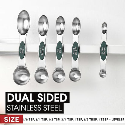 Spring Chef Stainless Steel Magnetic Measuring Spoons Set of 8 with Leveler, Stackable Magnetic Teaspoon & Tablespoon Set, Metal Kitchen Gadgets for Baking & Cooking, Fits in Spice Jars - Pine Green