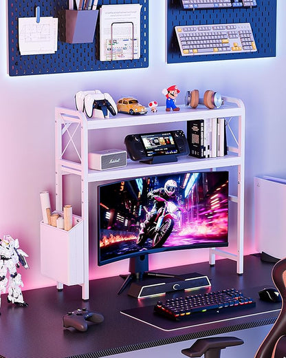 Desktop Shelves, Monitor Stand with Adjustable Shelves and Side Pockets, 2-Tier Desktop Bookshelf Organizer, Large Capacity Display Shelf Rack, Desk Hutch for Home Office, Study Room, White