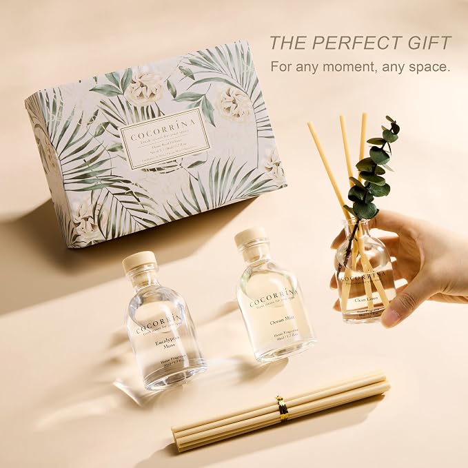 COCORRÍNA Eucalyptus Reed Diffuser Set of 3 - Eucalyptus & Moss, Clean Linen, Ocean Mist Scents, 1.7 fl oz Each, Total 5.1 oz, Scented Oil Diffusers for Home & Office
