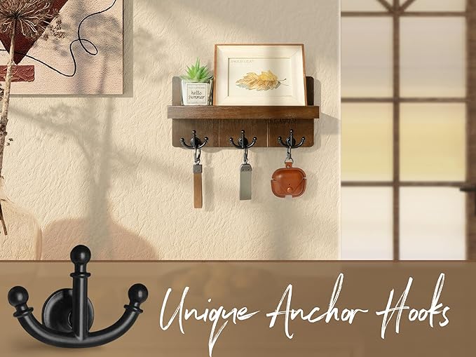 Rebee Vision Farmhouse Key Holder for Wall with Shelf: Decorative Mail Organizer and Key Rack Wall Mount with 3 Anchor Hooks - Rustic Entryway Decor (Retro Brown)