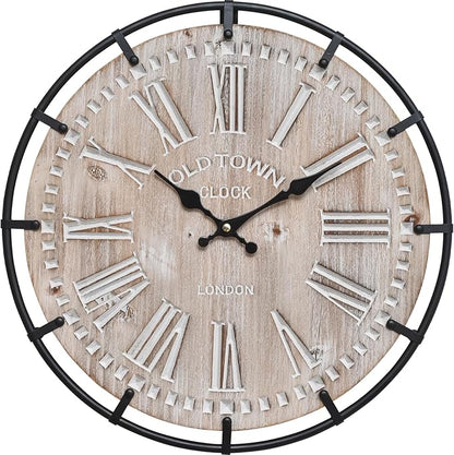12 Inch Farmhouse Wall Clock Rustic Antique Wood with Metal Circle and Large Engraved Numerals, Silent Battery Operated Wall Clock for Office Kitchen Bedroom Living Room