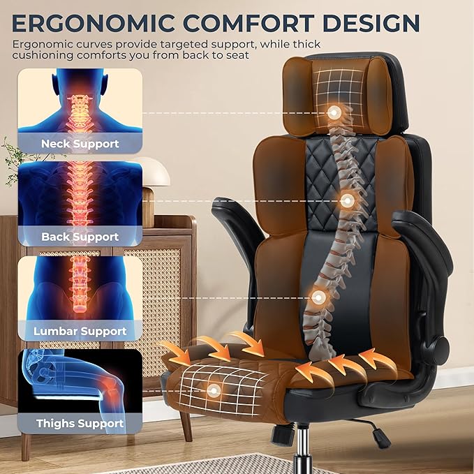 Office Chair with Adjustable Headrest, Faux Leather Executive Home Office Desk Chairs with Ergonomic Back Support, Padded Flip-Up Armrests, Swivel Rolling Computer Chair for Work, Study, Black