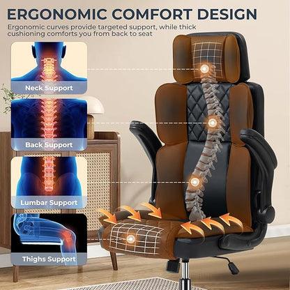 Office Chair with Adjustable Headrest, Faux Leather Executive Home Office Desk Chairs with Ergonomic Back Support, Padded Flip-Up Armrests, Swivel Rolling Computer Chair for Work, Study, Black
