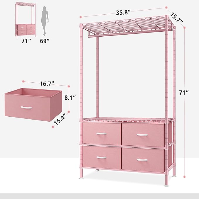 Raybee Clothing Rack with 4 Drawers and Shelves, Heavy Duty Clothes Rack for Hanging Clothes,Portable Closet,Metal, Sturdy,Pink