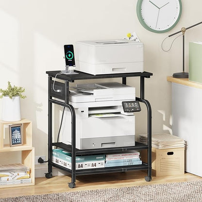 YAOHUOO 3 Tier Large Printer Stand with Power Outlet/Adjustable Shelf | 22"x15" Large Top,Fit 2-3 printers,Rolling Cart with Wheels,Table for Home Office,Fit 3D Printer/Heat Press/Laser,Black