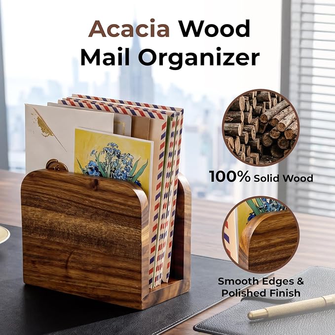 Acacia Wood Mail Organizer Countertop -Small Letter Holder for Desk, Rustic Farmhouse Decor, Upright Bill postcards, and notepads Stand for Entryway & Office，Also Works as Napkin Holder
