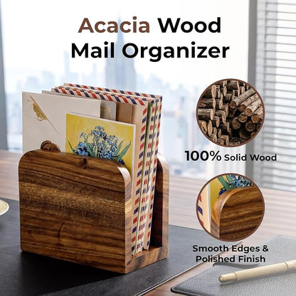 Acacia Wood Mail Organizer Countertop -Small Letter Holder for Desk, Rustic Farmhouse Decor, Upright Bill postcards, and notepads Stand for Entryway & Office，Also Works as Napkin Holder