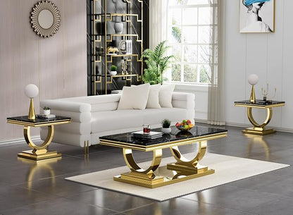 3 Piece Living Room Table Set Include 1 Faux Marble Coffee Table & 2 End Tables, Modern Black Gold Coffee Table Set of 3 with Double O Shape Stainless Steel Pedestal Base